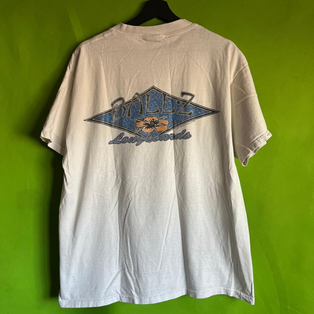 Vintage 1995 Ballz Longboards T-Shirt XL White Tultex Cotton Surf Skate 90s